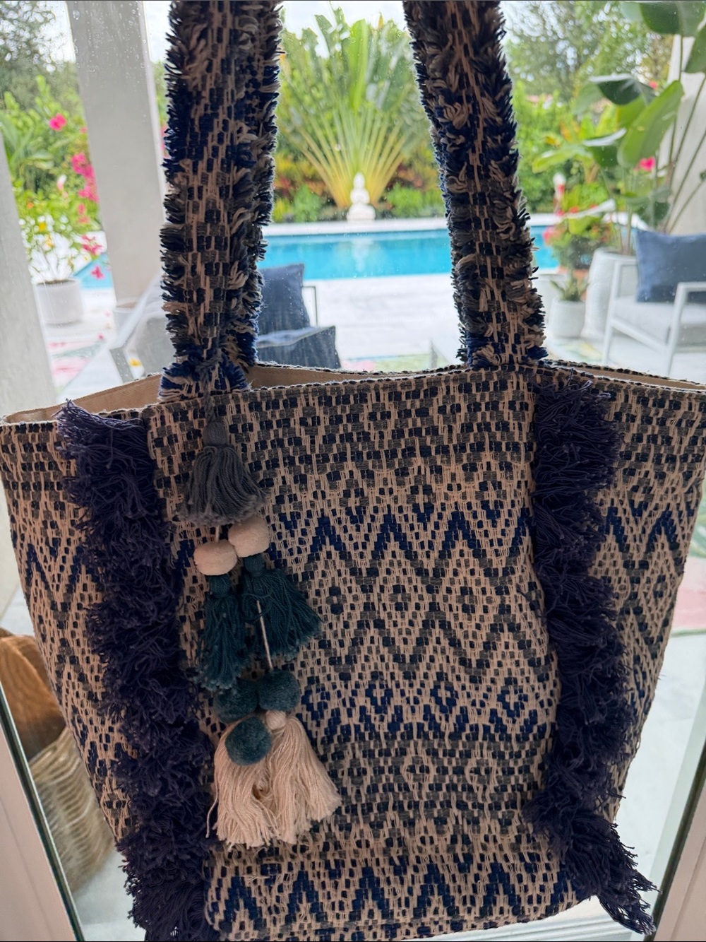MAGID HANDBAGS EST 1916 Cotton Woven Beach Tote Blue with Tassle Fringe Trim